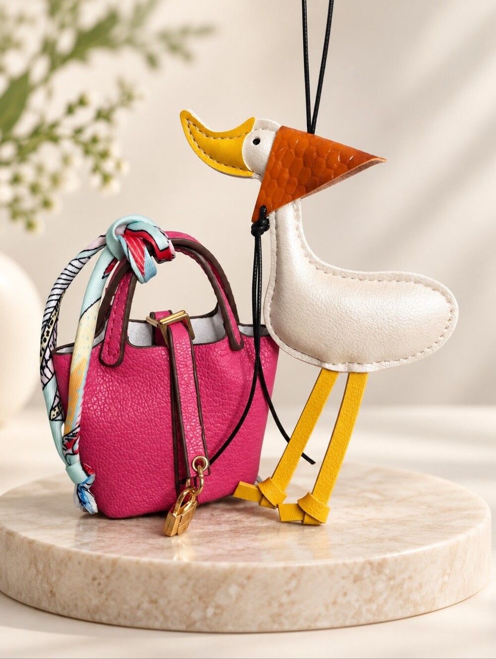 Pink Mini Purse Bag Charm + Pelican Bird Charm Keychain Set